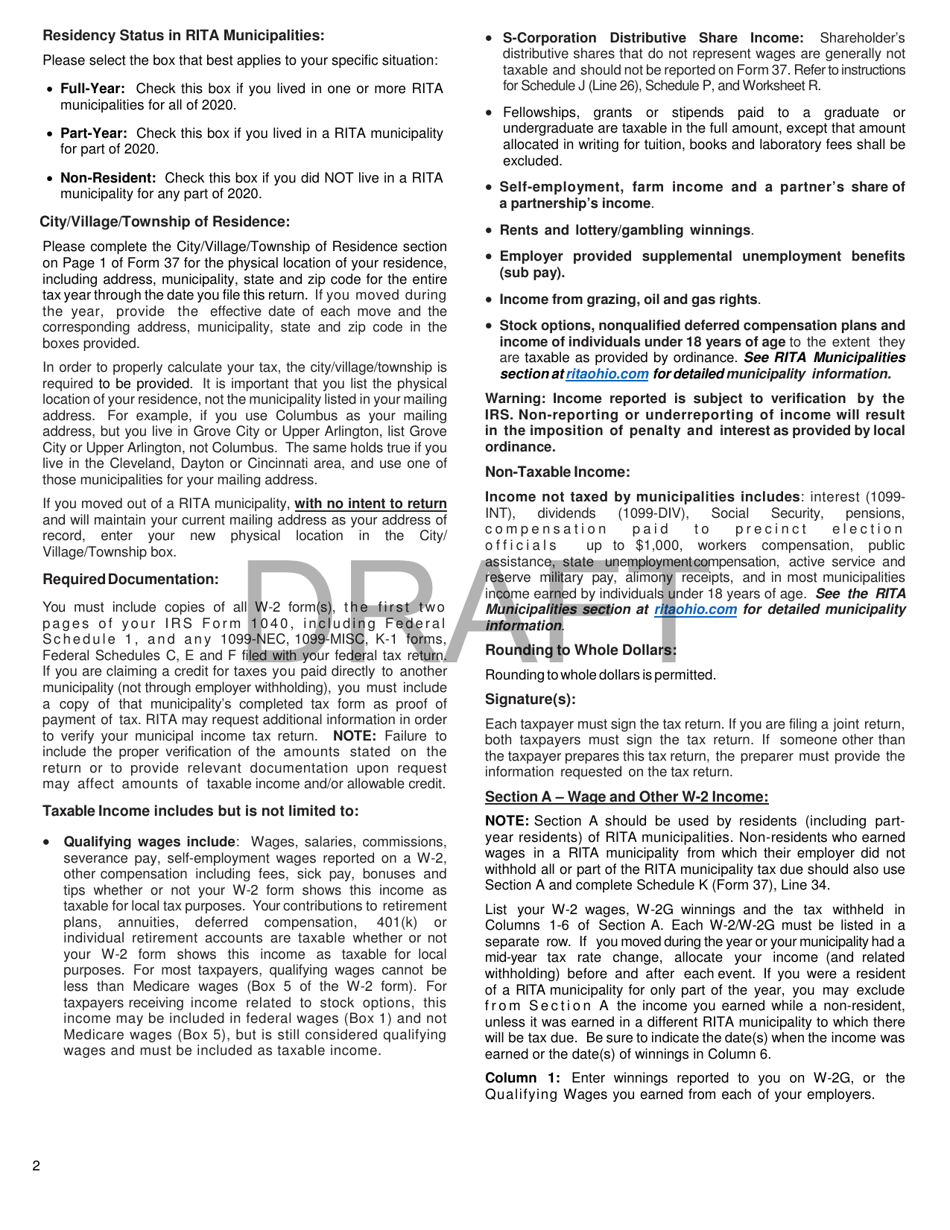 Instructions for Form 37 Rita Individual Income Tax Return - Draft - Ohio, Page 4
