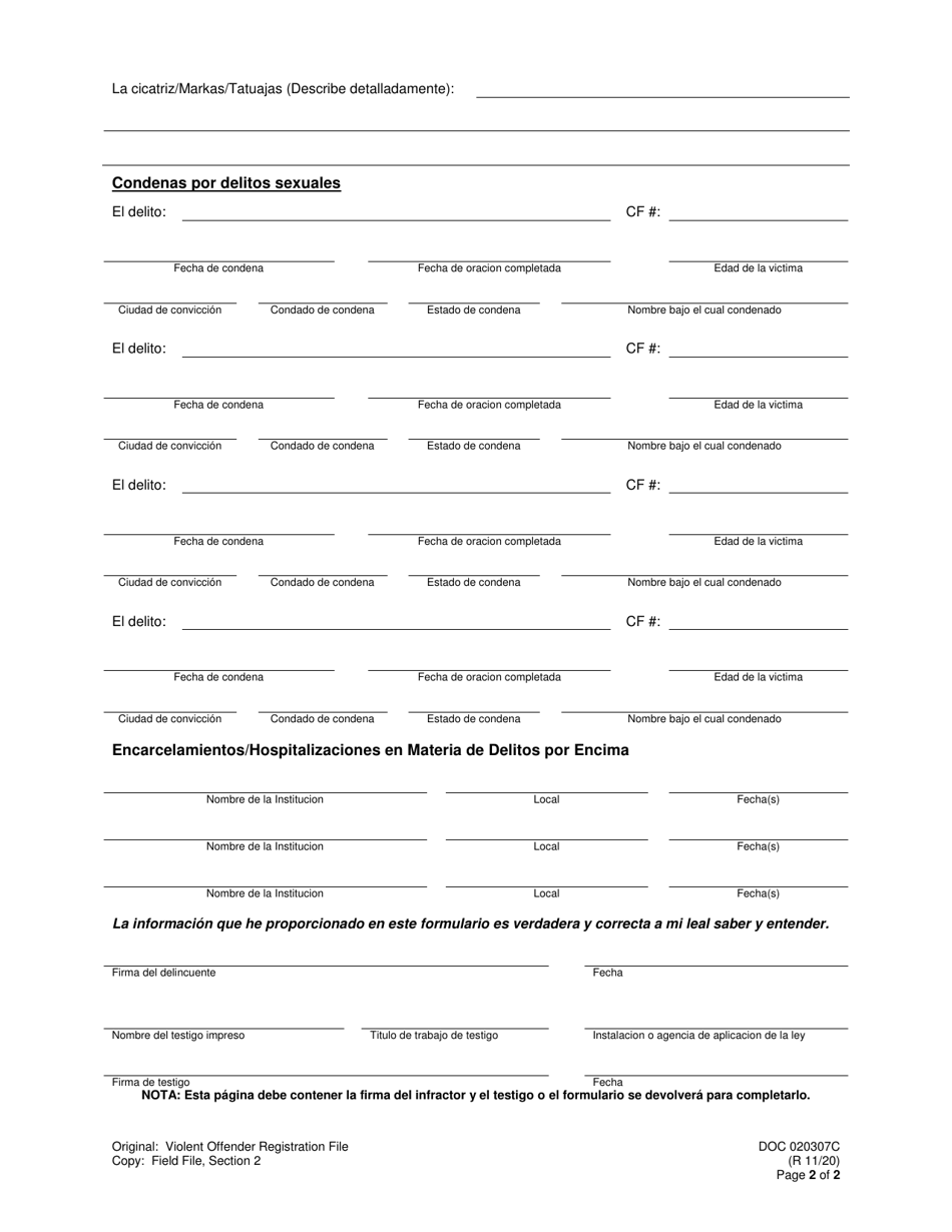 Formulario OP-020307C Forma De Registro De Ofensor Violento - Oklahoma (Spanish), Page 2