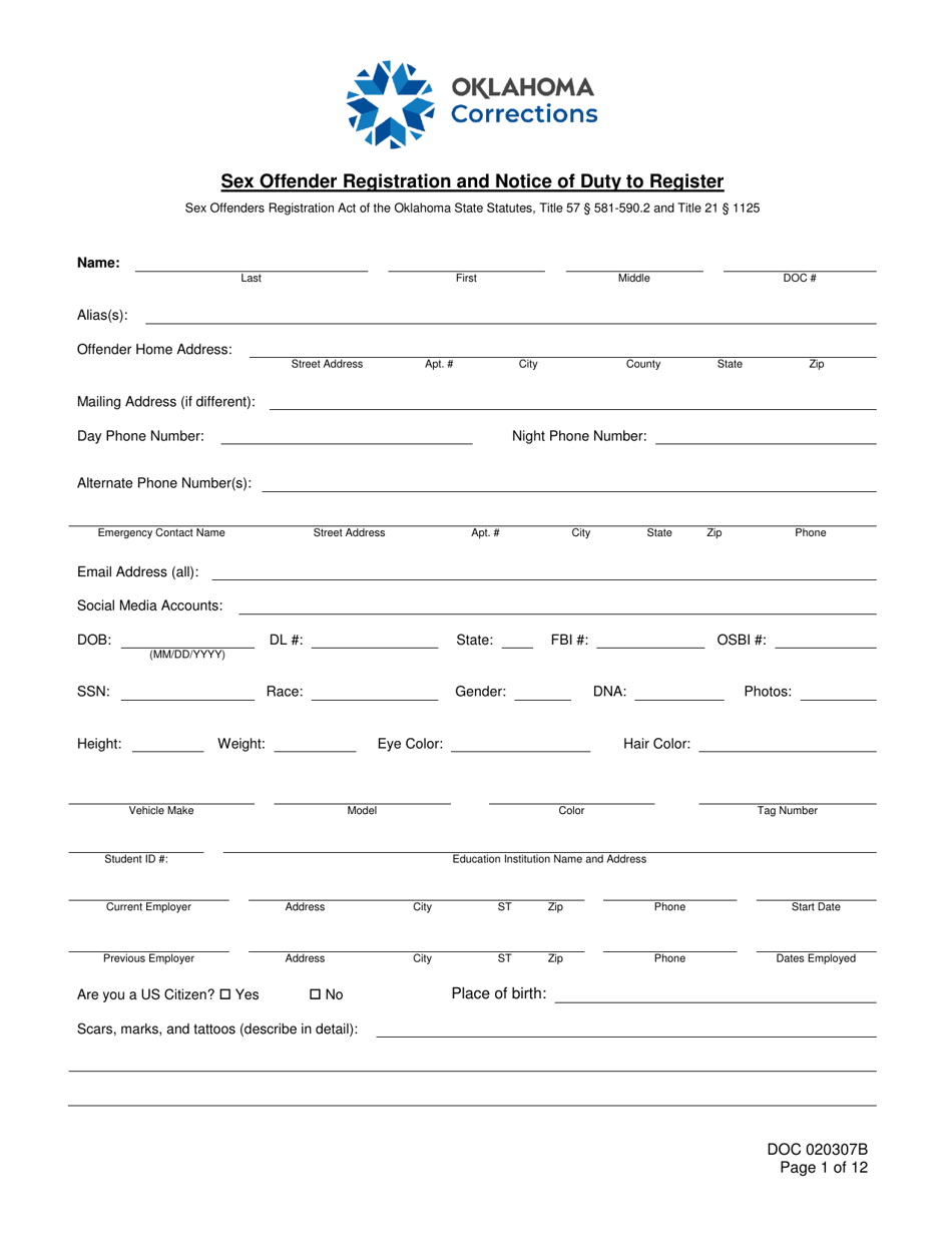 Form OP-020307B Sex Offender Registration and Notice of Duty to Register - Oklahoma, Page 1