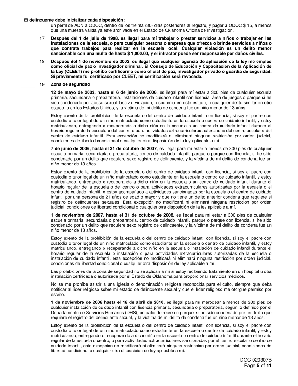 Formulario OP-020307B Registro De Delincuentes Sexuales Y Aviso De Deber De Registrarse - Oklahoma (Spanish), Page 5