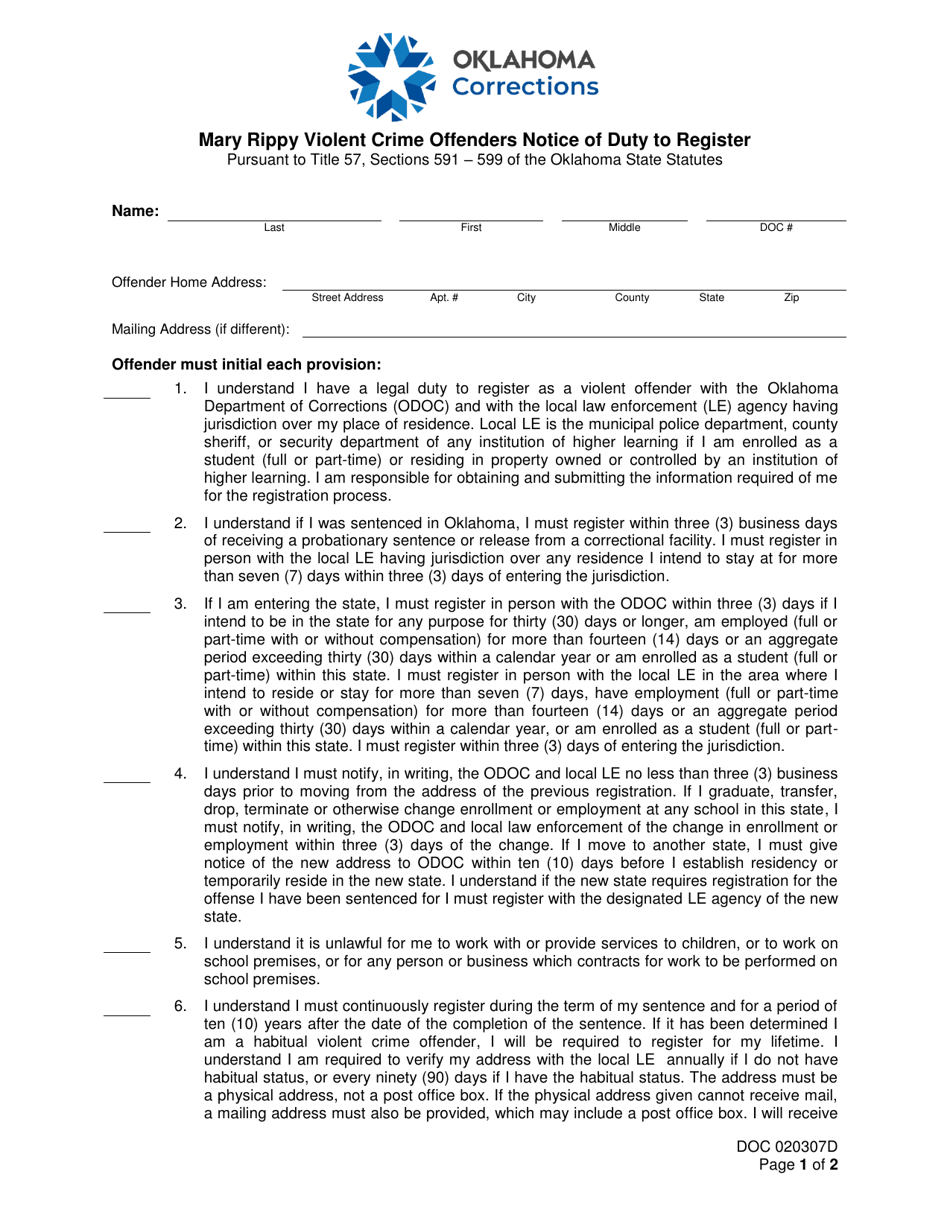 Form OP-020307D Mary Rippy Violent Crime Offenders Notice of Duty to Register - Oklahoma, Page 1