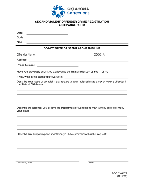 Form OP-020307F Sex and Violent Offender Crime Registration Grievance Form - Oklahoma