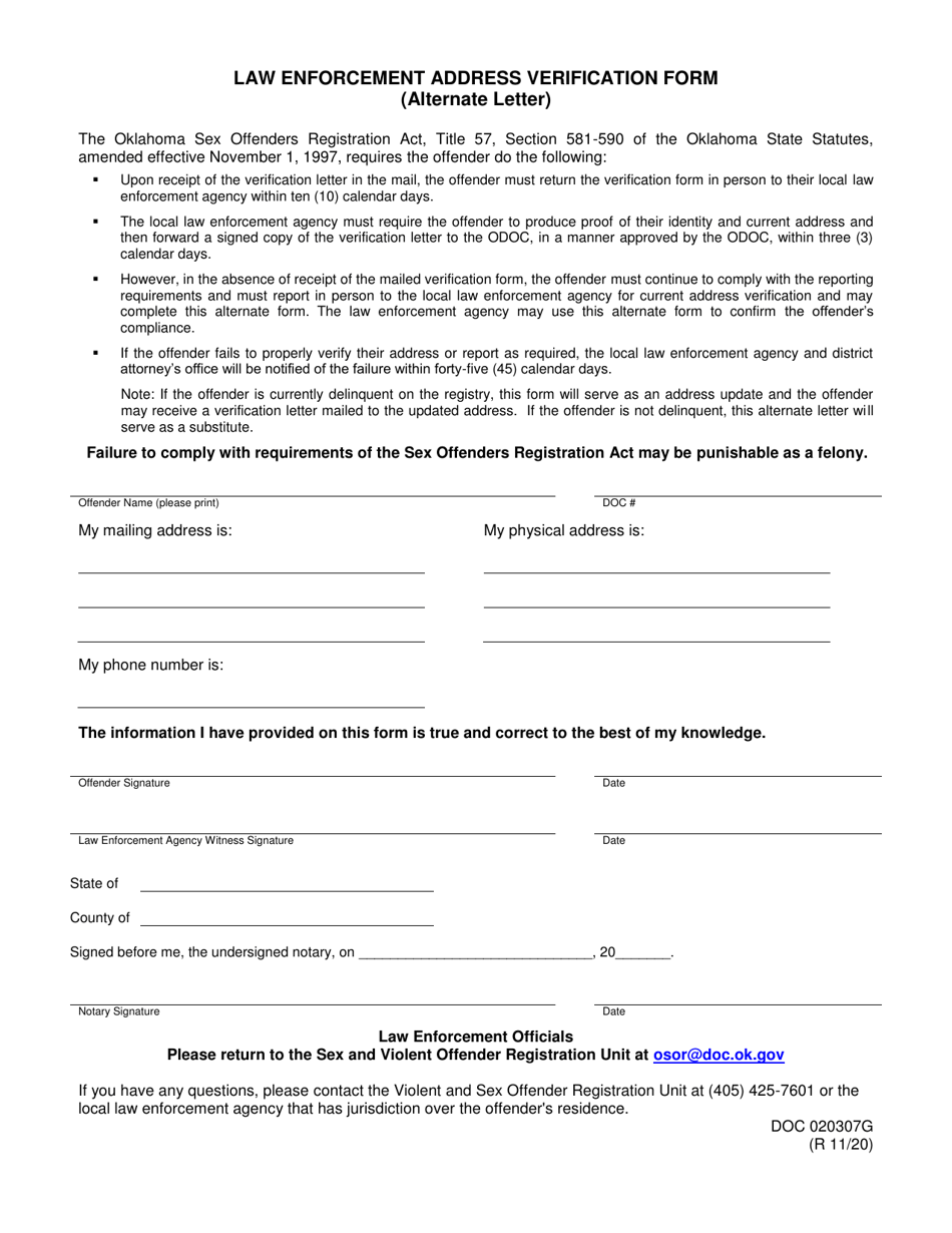 Form OP-020307G Law Enforcement Address Verification Form (Alternate Letter) - Oklahoma, Page 1