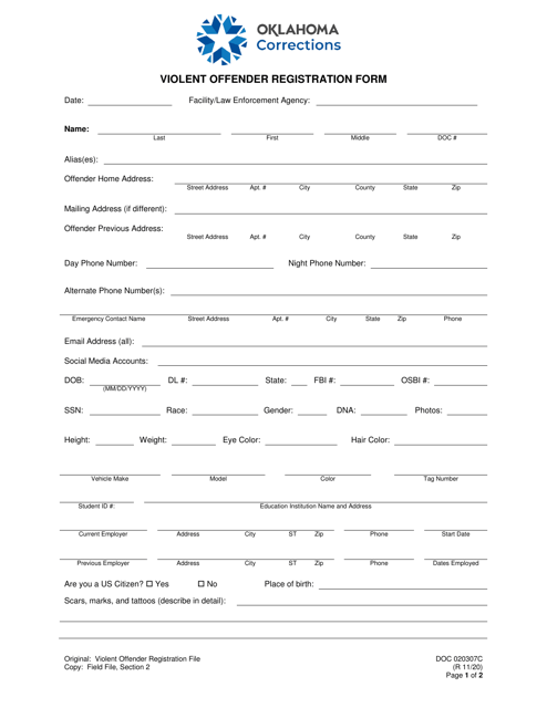 Form OP-020307C Violent Offender Registration Form - Oklahoma
