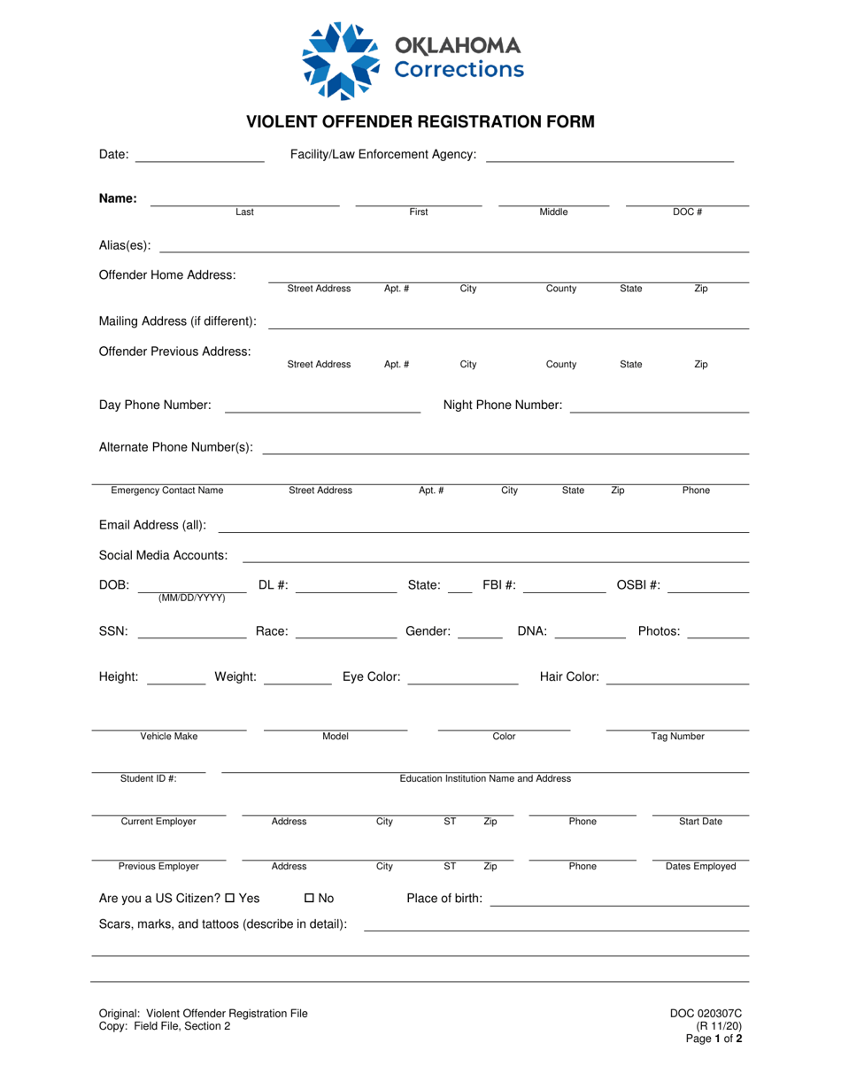 Form OP-020307C Violent Offender Registration Form - Oklahoma, Page 1