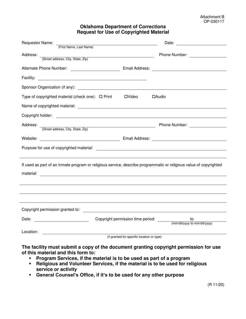 Form OP-030117 Attachment B Request for Use of Copyrighted Material - Oklahoma, Page 1