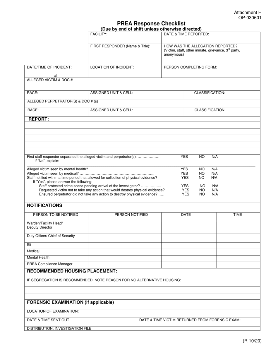 Form OP-030601 Attachment H Prea Response Checklist - Oklahoma, Page 1