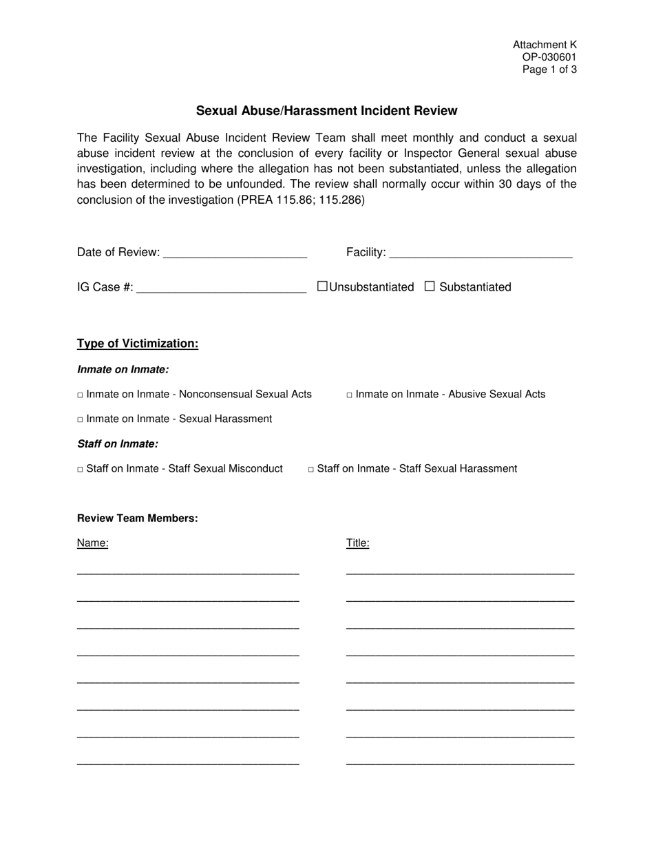 Form OP-030601 Attachment K Sexual Abuse / Harassment Incident Review - Oklahoma, Page 1