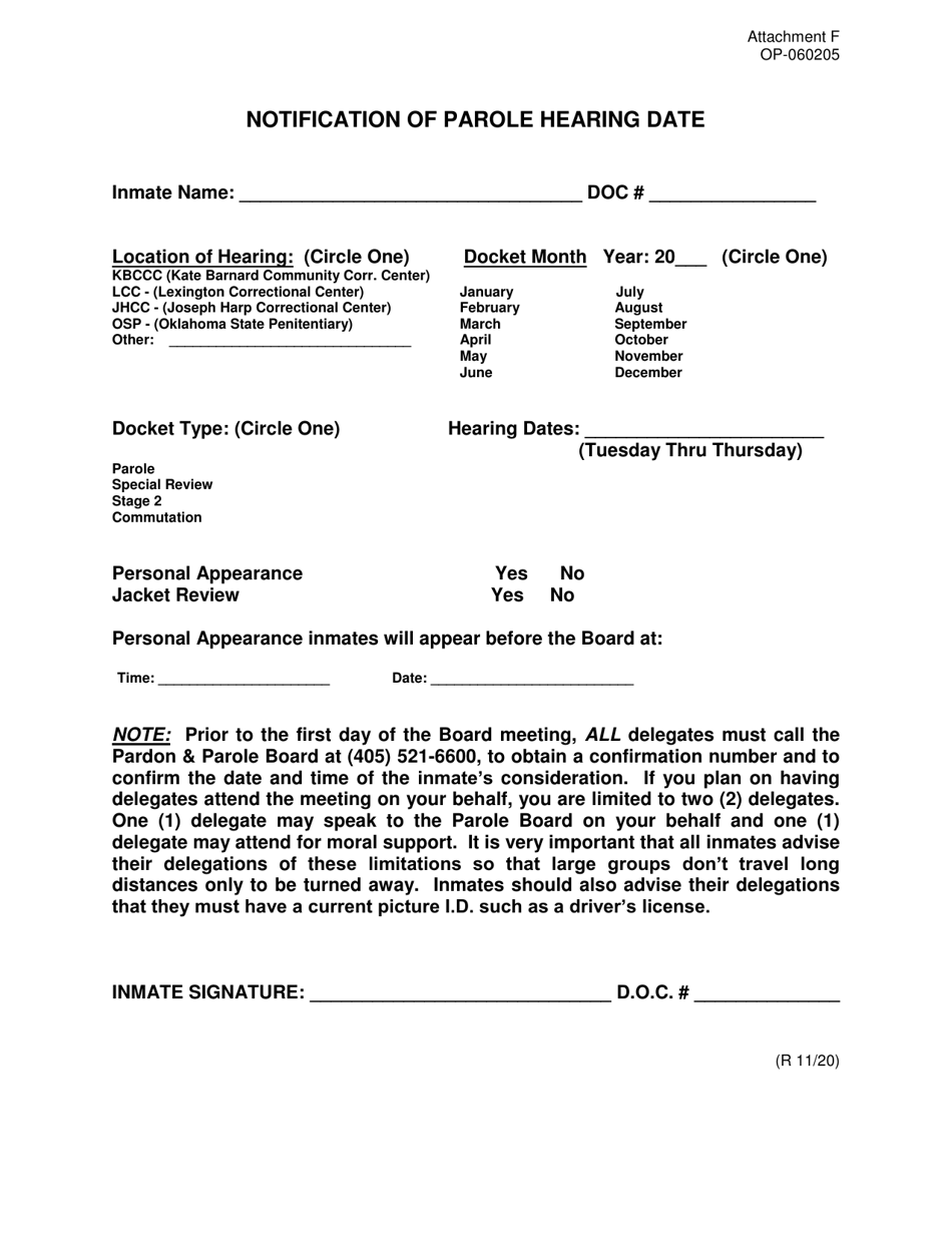 Form OP-060205 Attachment F Notification of Parole Hearing Date - Oklahoma, Page 1