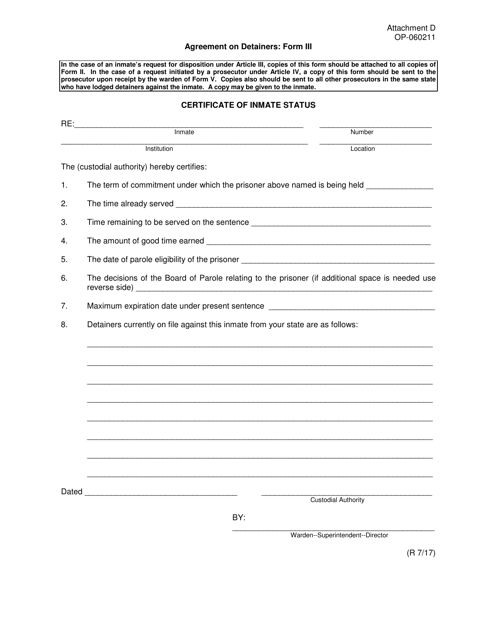 Form III (OP-060211) Attachment D  Printable Pdf