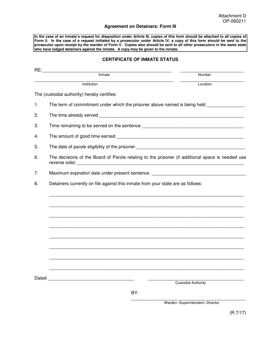 Form III (OP-060211) Attachment D Certificate of Inmate Status - Oklahoma, Page 1