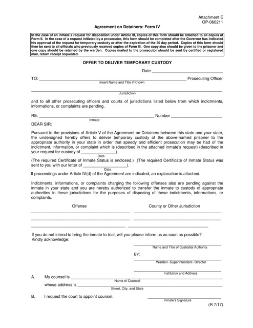 Form VI (OP-060211) Attachment E Offer to Deliver Temporary Custody - Oklahoma