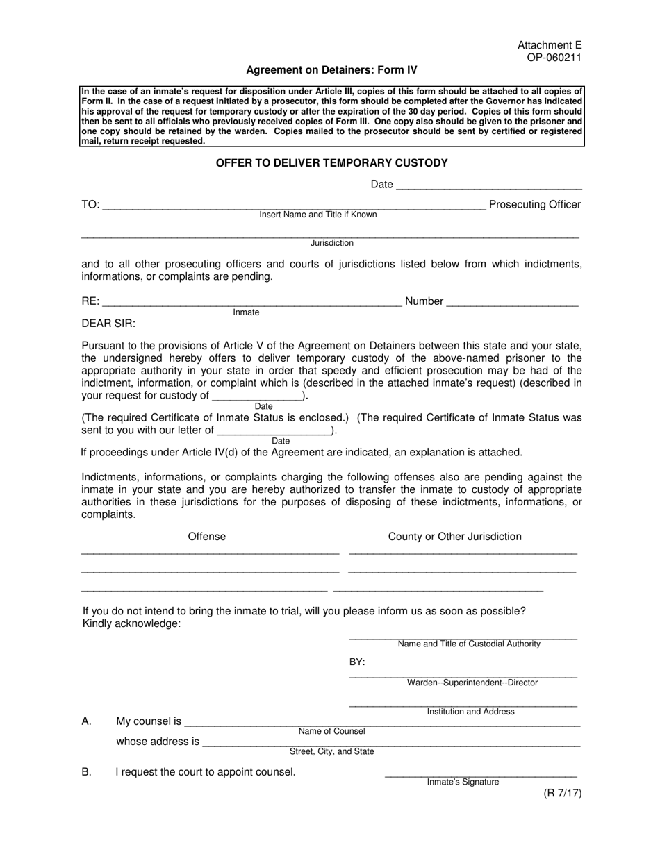 Form VI (OP-060211) Attachment E Offer to Deliver Temporary Custody - Oklahoma, Page 1