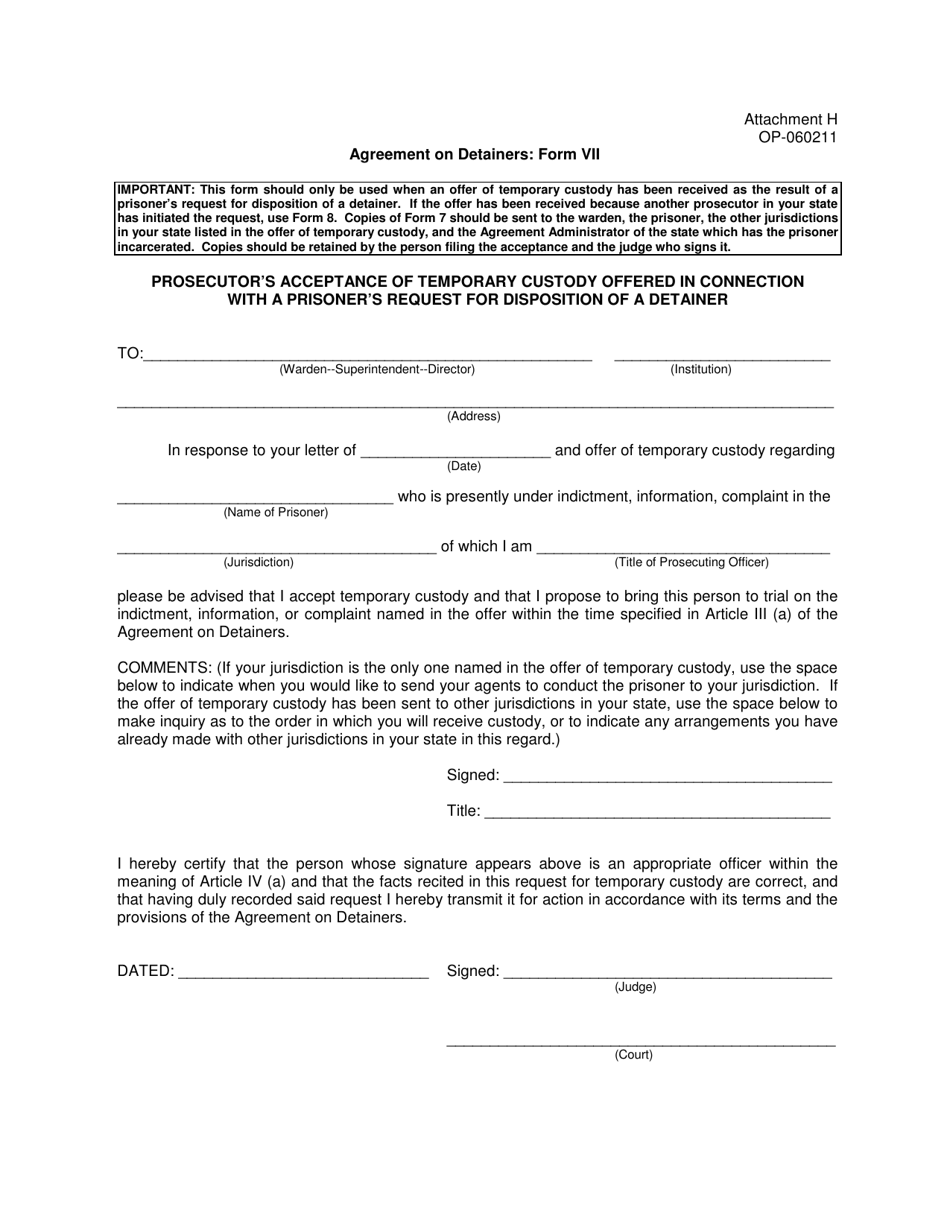 Form VII (OP-060211) Attachment H Agreement on Detainers - Oklahoma, Page 1