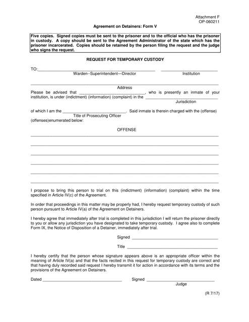 Form OP-060211 (V) Attachment F Request for Temporary Custody - Oklahoma