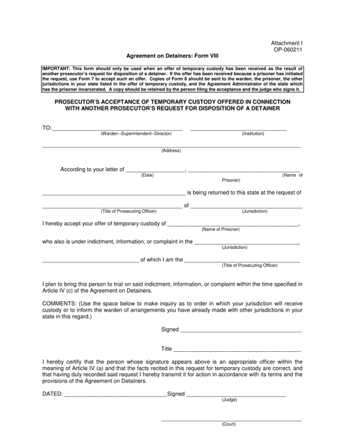 Form OP-060211 (VIII) Attachment I Prosecutor's Acceptance of Temporary Custody Offered in Connection With Another Prosecutor's Request for Disposition of a Detainer - Oklahoma