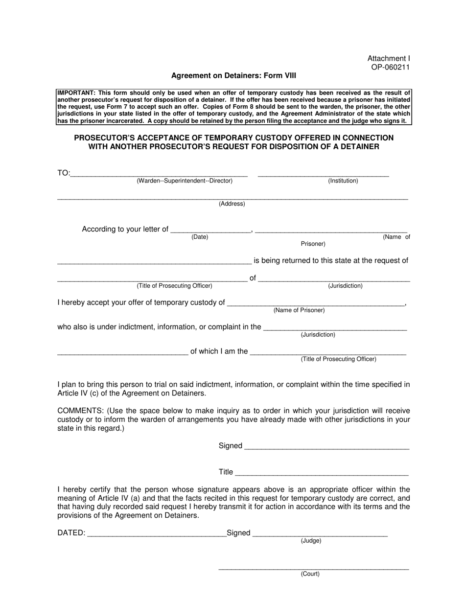 Form OP-060211 (VIII) Attachment I Prosecutors Acceptance of Temporary Custody Offered in Connection With Another Prosecutors Request for Disposition of a Detainer - Oklahoma, Page 1
