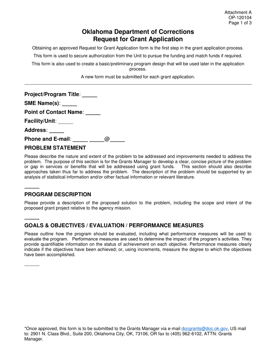 Form OP-120104 Attachment A Request for Grant Application - Oklahoma, Page 1