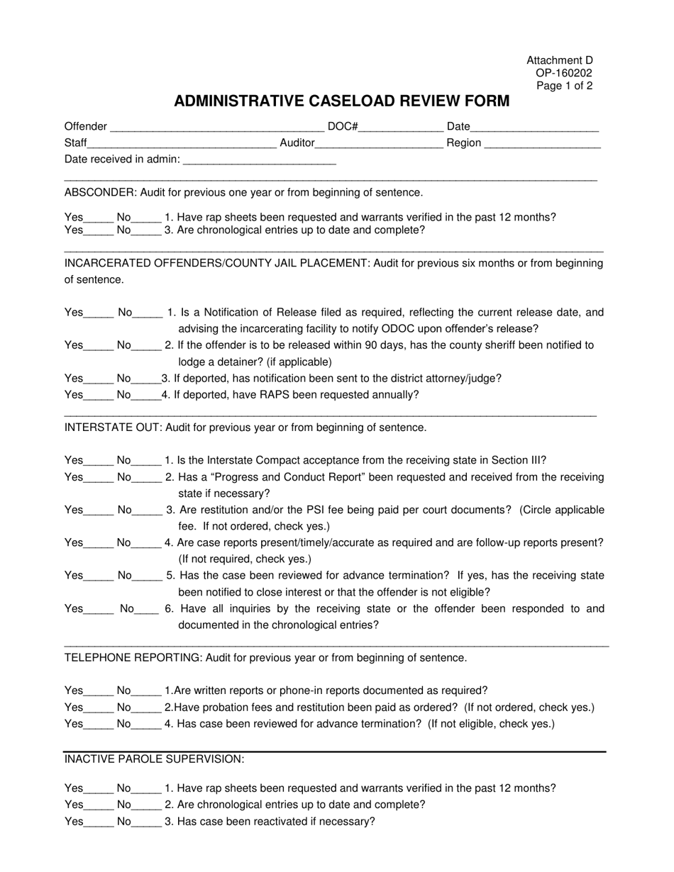 Form OP-160202 Attachment D Administrative Caseload Review Form - Oklahoma, Page 1