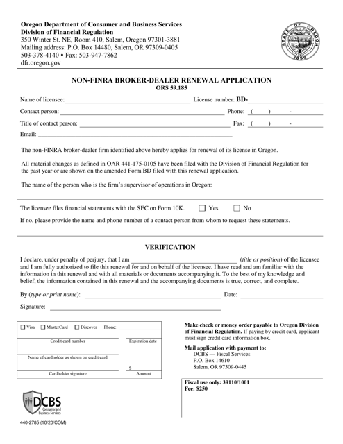 Form 440-2785 Non-FiNRA Broker-Dealer Renewal Application - Oregon