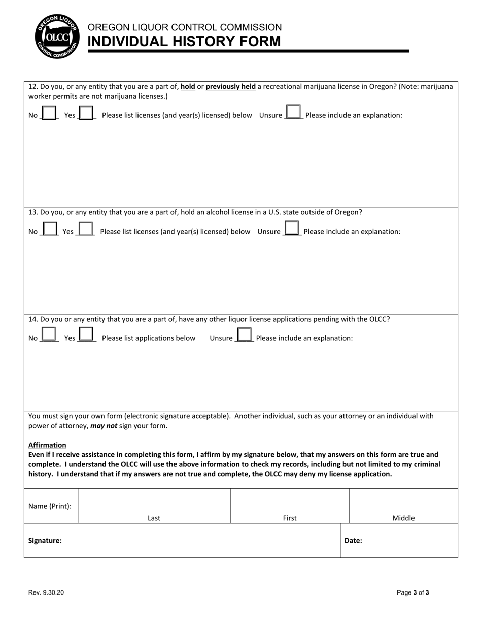 Individual History Form - Oregon, Page 3