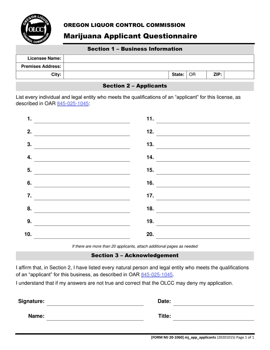 Form MJ20-1060 Marijuana Applicant Questionnaire - Oregon, Page 2