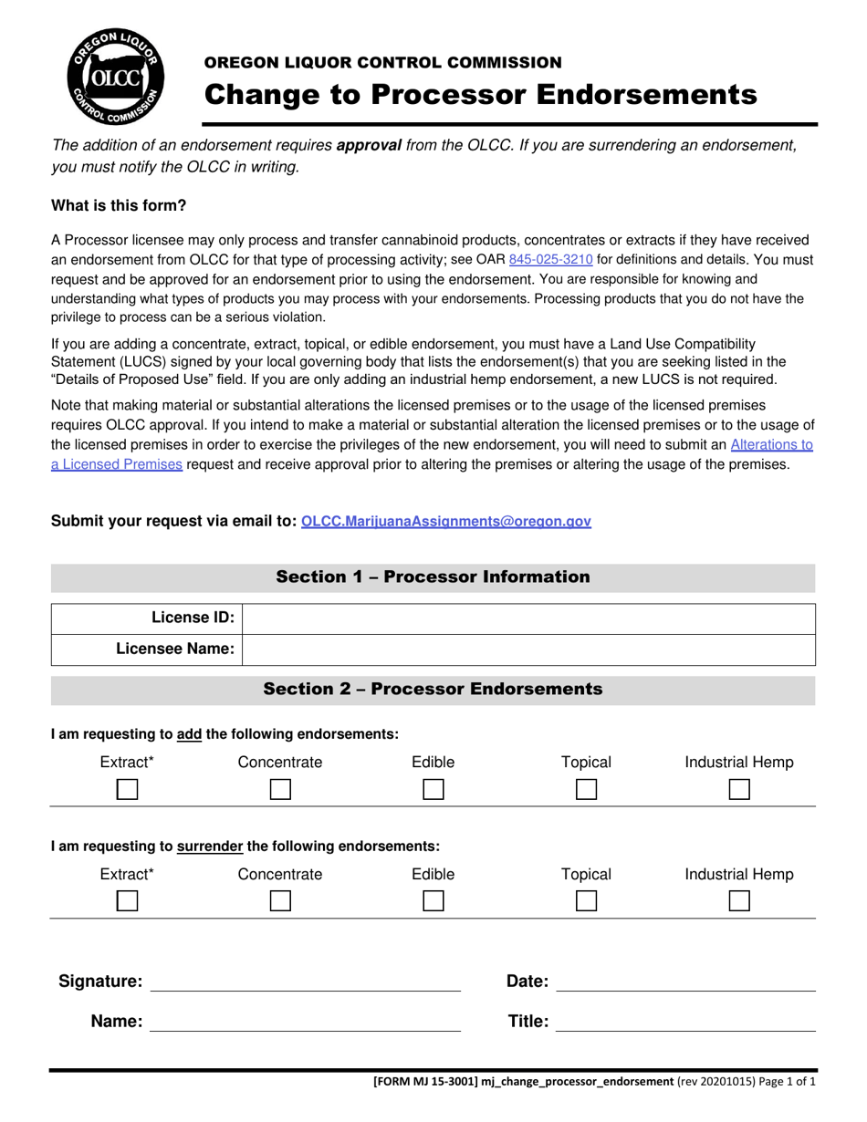 Form MJ15-3001 Change to Processor Endorsements - Oregon, Page 1