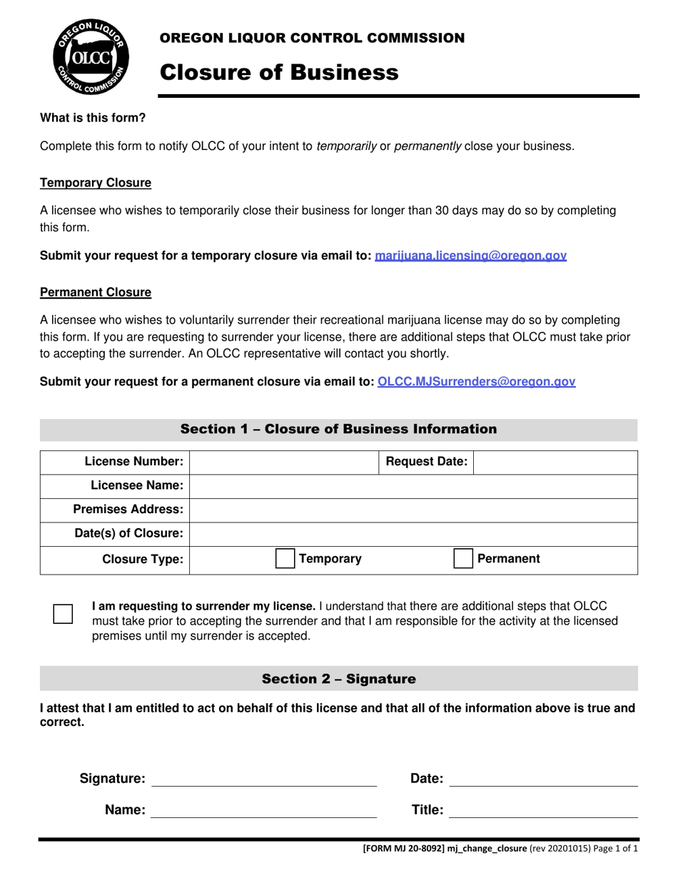 Form MJ20-8092 Closure of Business - Oregon, Page 1