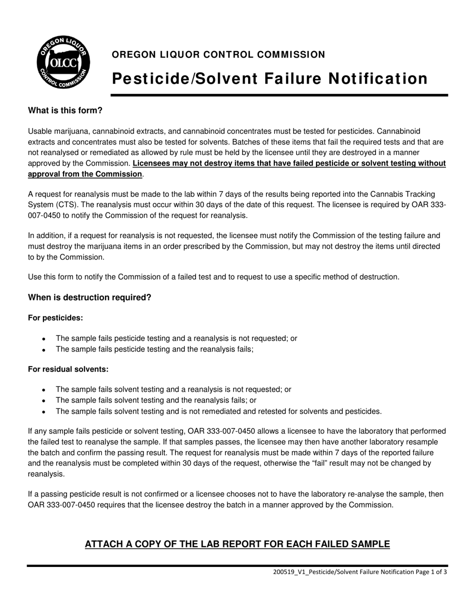 Pesticide / Solvent Failure Notification - Oregon, Page 1