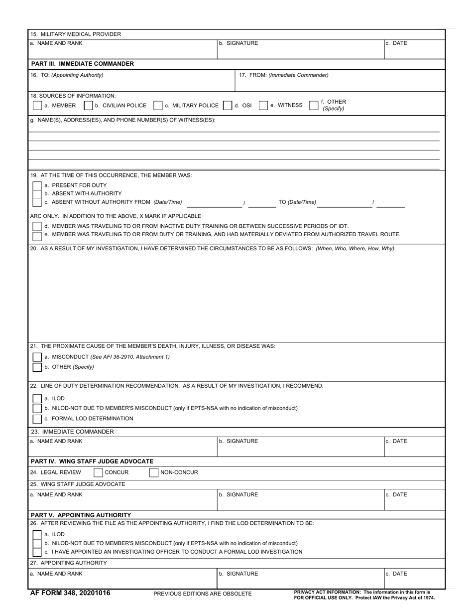 AF Form 348 Download Fillable PDF or Fill Online Line of Duty ...