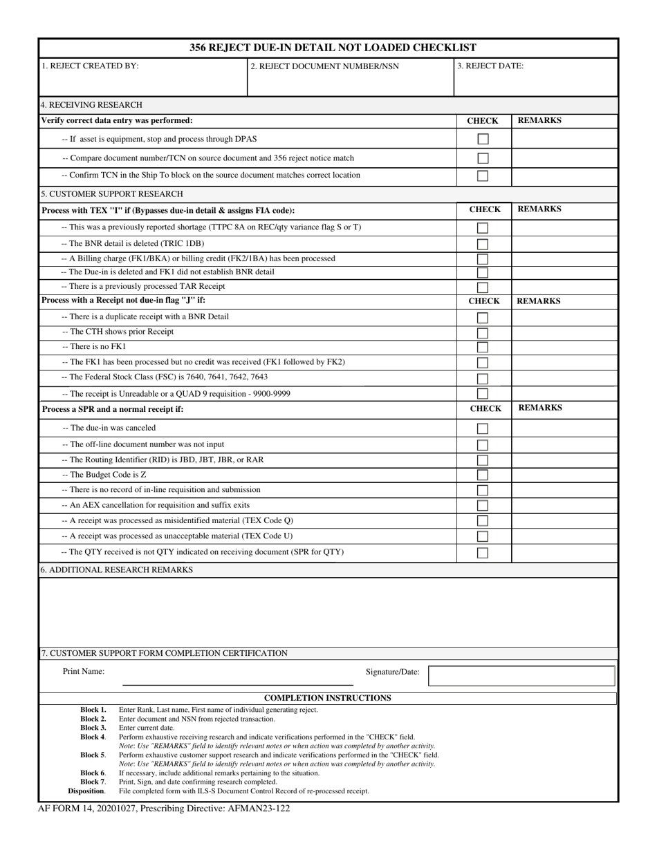 AF Form 14 356 Reject Due-In Detail Not Loaded Checklist, Page 1