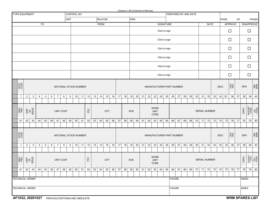 AF Form 1032 Wrm Spares List, Page 1