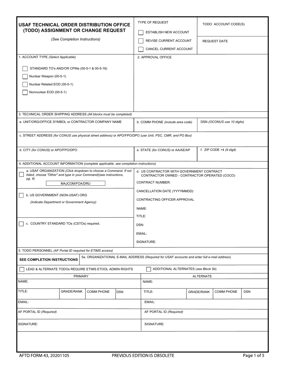 AFTO Form 43 USAF Technical Order Distribution Office (Todo) Assignment or Change Request, Page 1
