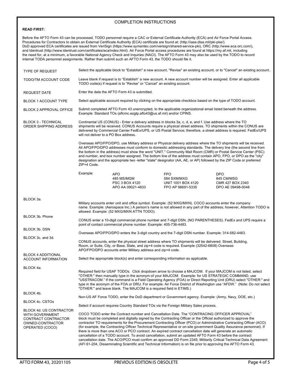 AFTO Form 43 USAF Technical Order Distribution Office (Todo) Assignment or Change Request, Page 4
