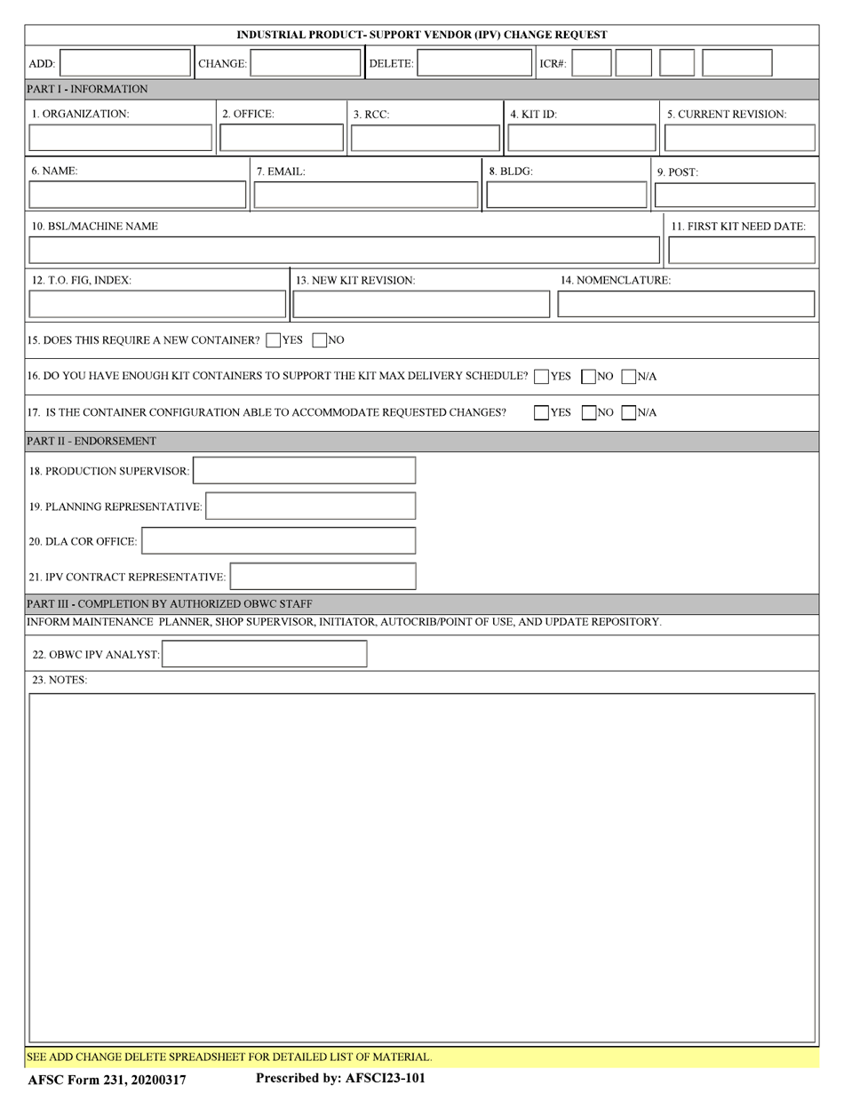 AFSC Form 231 Industrial Product - Support Vendor (Ipv) Change Request, Page 1