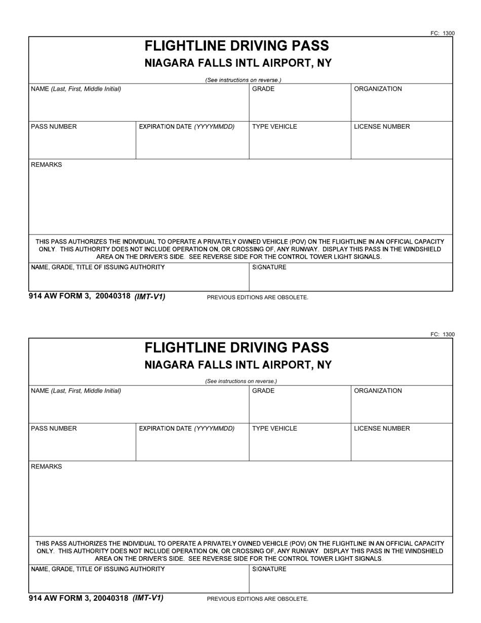 914 AW Form 3 Flightline Driving Pass, Page 1