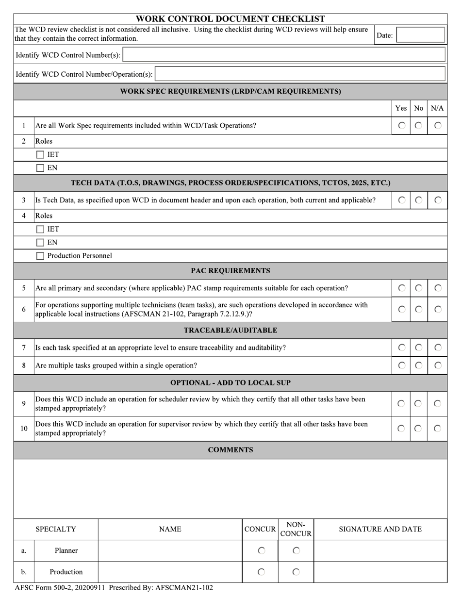 AFSC Form 500-2 Work Control Document Checklist, Page 1