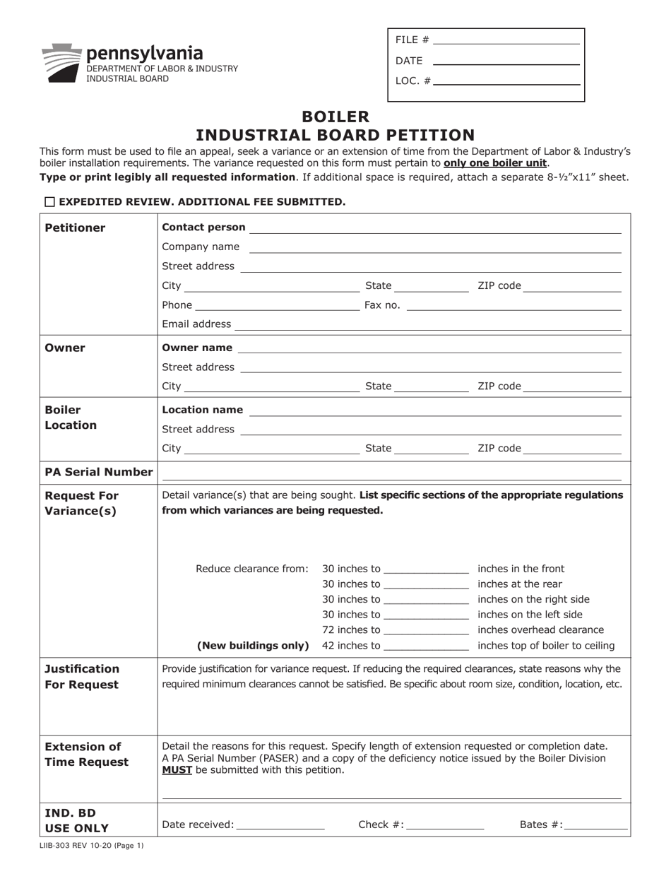 Form LIIB-303 Boiler Industrial Board Petition - Pennsylvania, Page 1