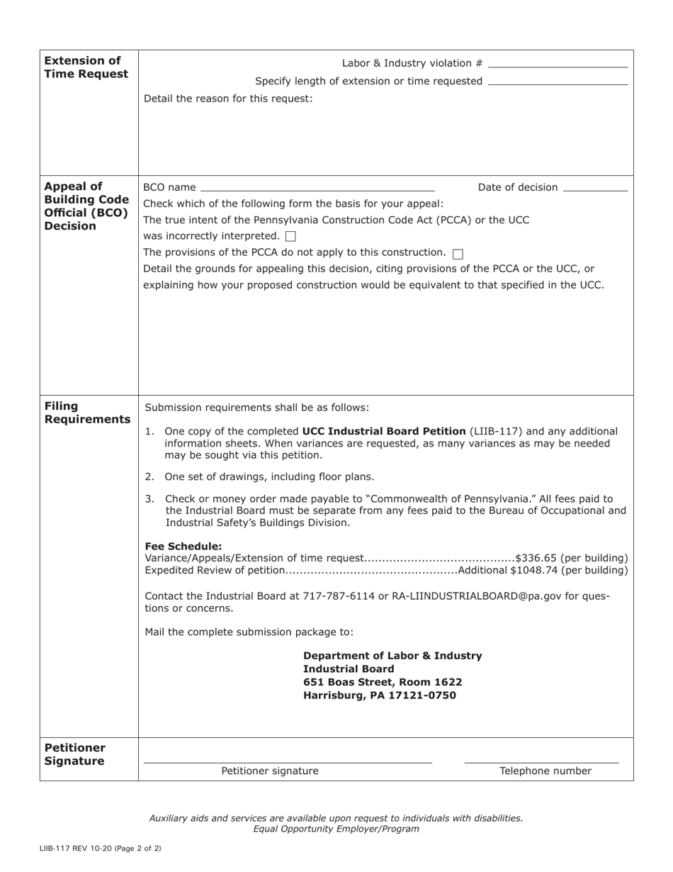 Form LIIB-117 Buildings Industrial Board Petition Uniform Construction Code (Ucc) - Pennsylvania, Page 2