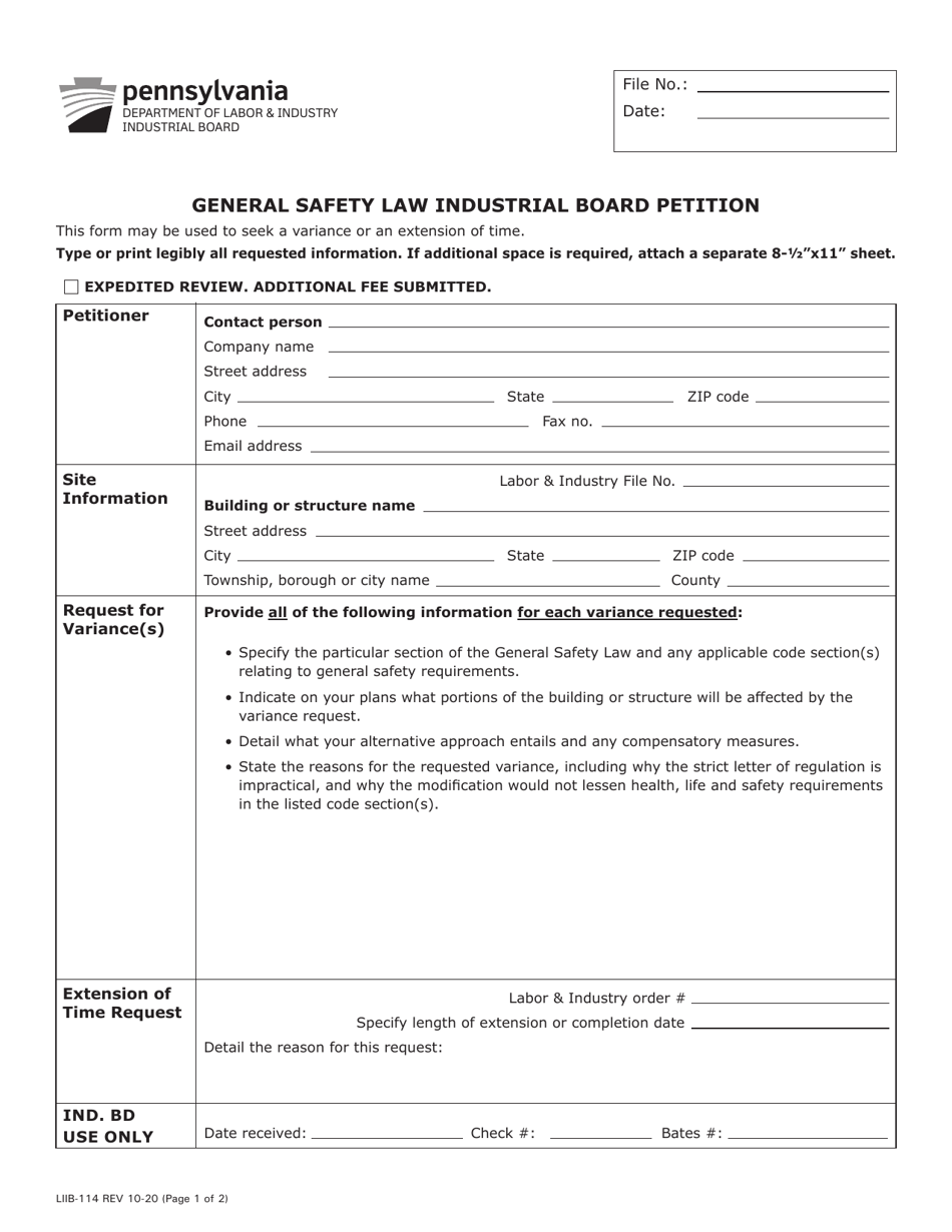 Form LIIB-114 General Safety Law Industrial Board Petition - Pennsylvania, Page 1