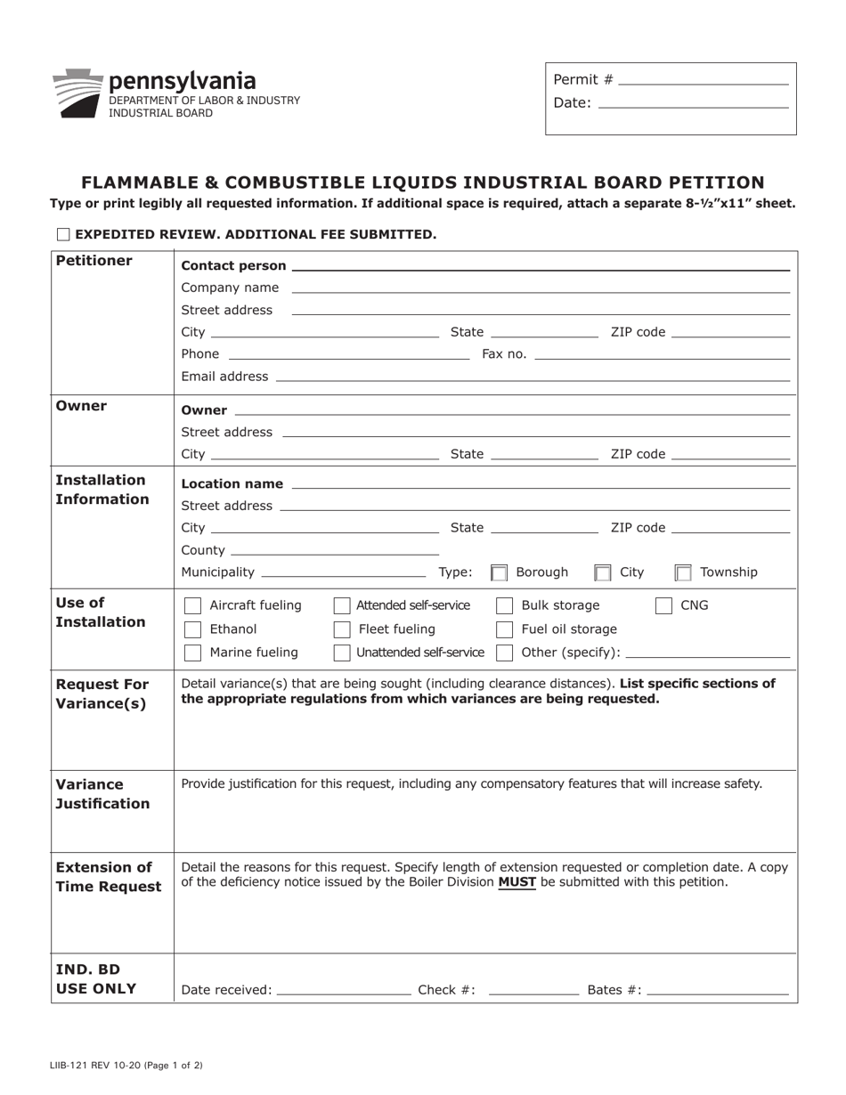 Form LIIB-121 Flammable  Combustible Liquids Industrial Board Petition - Pennsylvania, Page 1