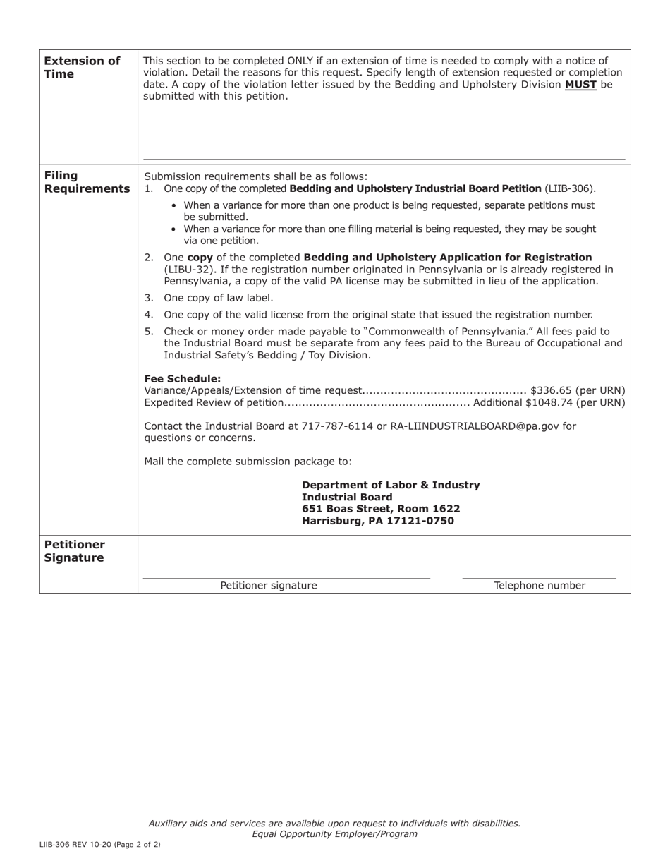 Form LIIB-306 Bedding  Upholstery Industrial Board Petition - Pennsylvania, Page 2
