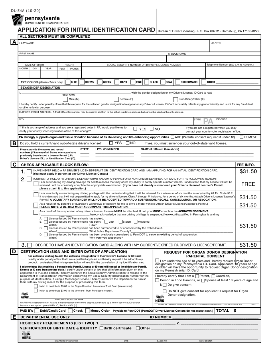 Form DL-54A Application for Initial Identification Card - Pennsylvania, Page 1
