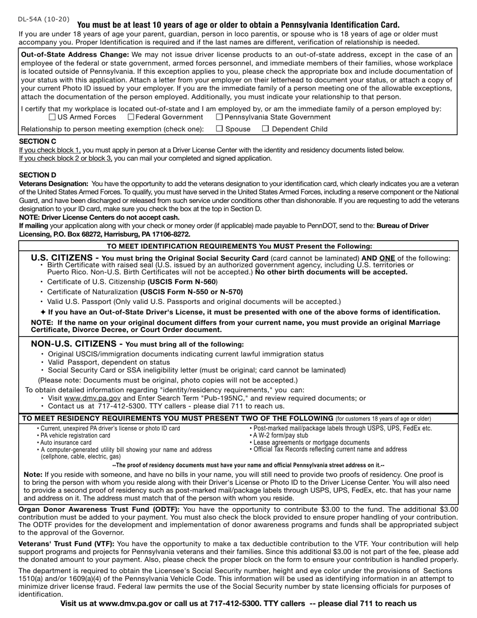 Form DL-54A Application for Initial Identification Card - Pennsylvania, Page 2