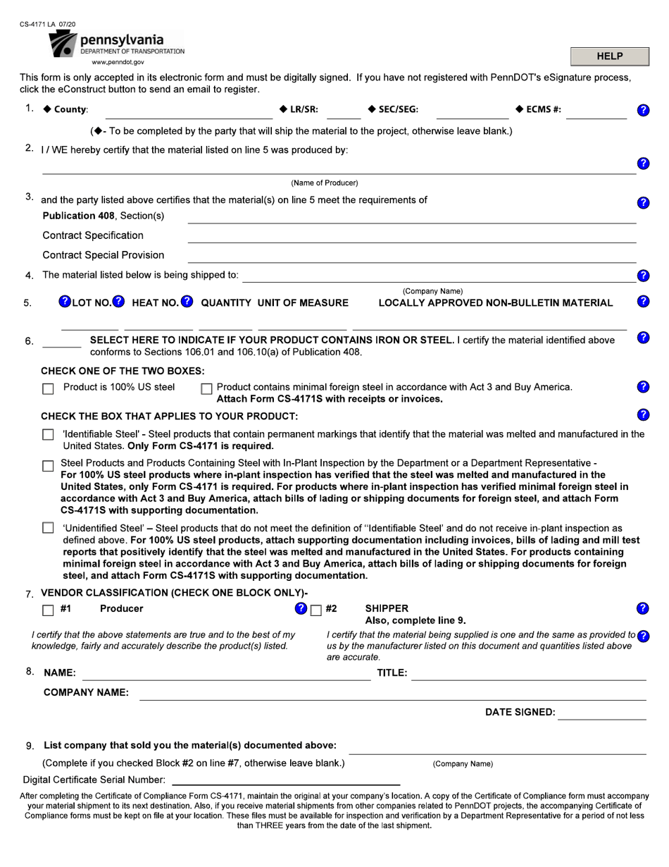Form CS-4171 LA Certificate of Compliance for Locally Approved Non-bulletin Materials - Pennsylvania, Page 1