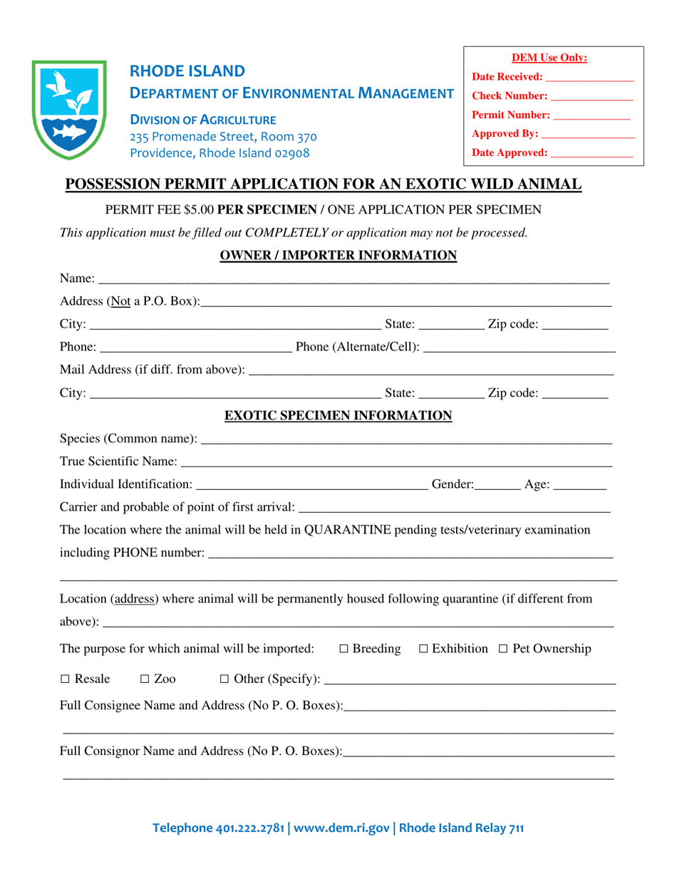 Possession Permit Application for an Exotic Wild Animal - Rhode Island, Page 1