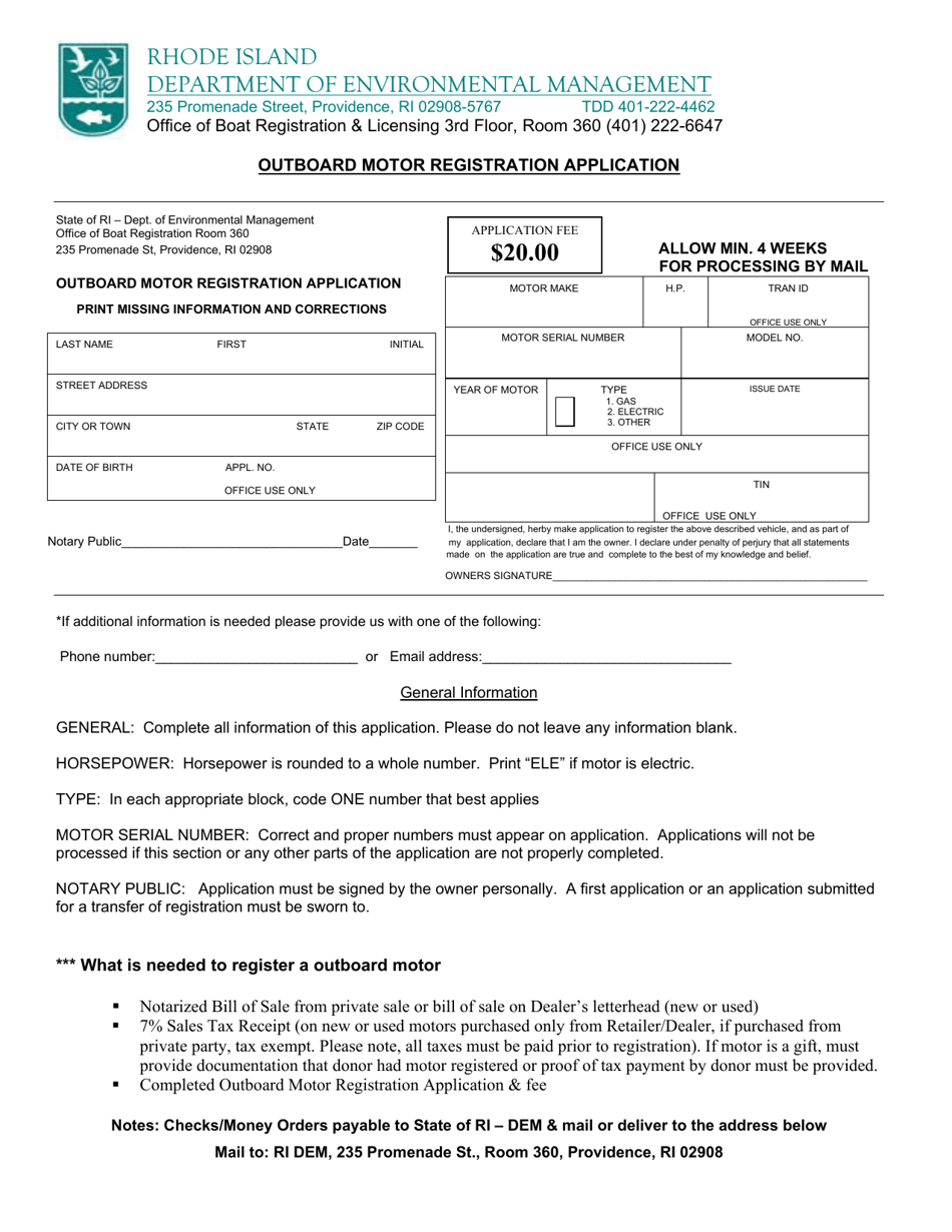 Rhode Island Outboard Motor Registration Application Fill Out, Sign Online and Download PDF