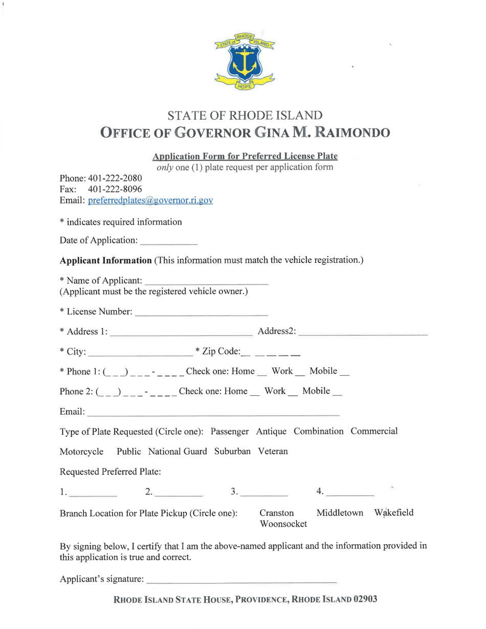 Application Form for Preferred License Plate - Rhode Island, Page 1