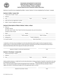 Form RV-F1300901 Seller/Purchaser Affidavit of Exemption for Motor Vehicles, Trailers, and Boats Sold for Removal From Tennessee Within Three Days - Tennessee