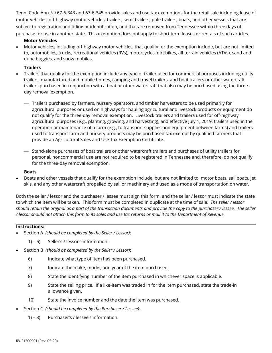 Form RV-F1300901 Seller / Purchaser Affidavit of Exemption for Motor Vehicles, Trailers, and Boats Sold for Removal From Tennessee Within Three Days - Tennessee, Page 2